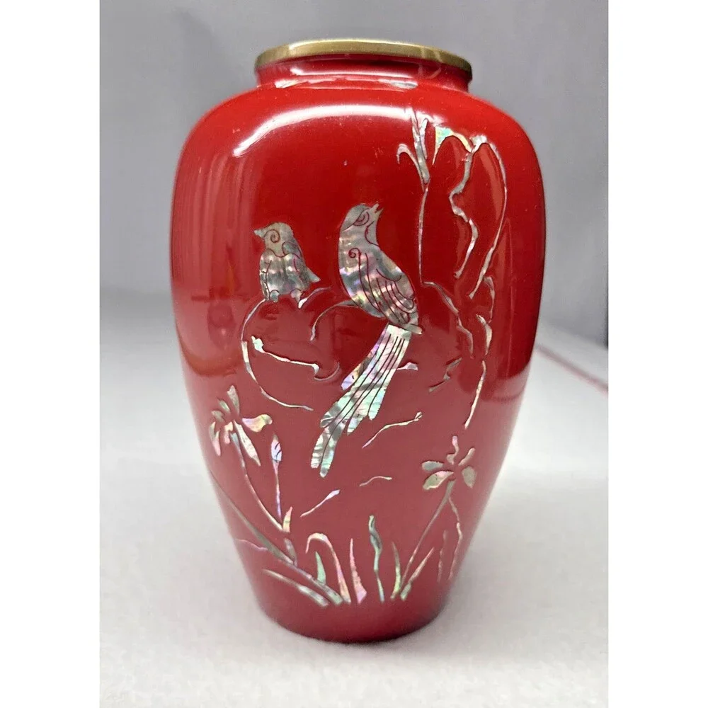 1964 Chinese Cloisonne Enamel Vase Mother of Pearl Birds Taiwan Award Brass